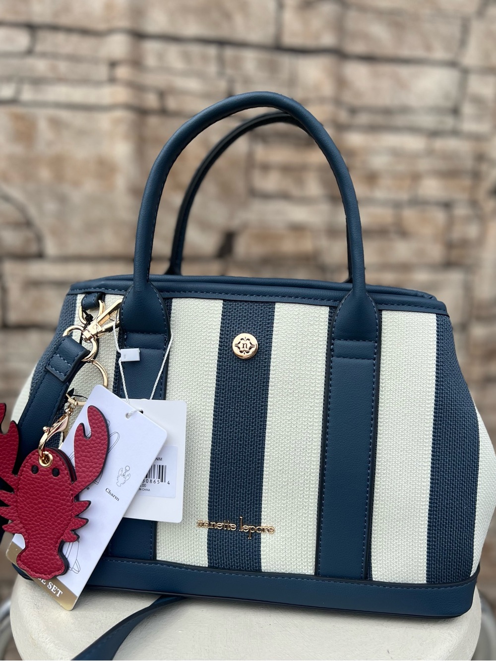 Nanette Lepore Navy & Cream Striped Satchel with Gold Accents - Picture 7 of 7